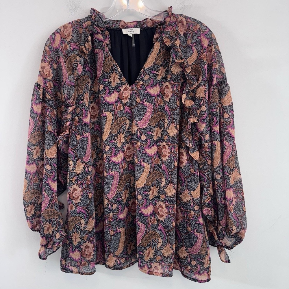 Entro Floral Boho Blouse Women's Large Lined Peasant Top Pink Black